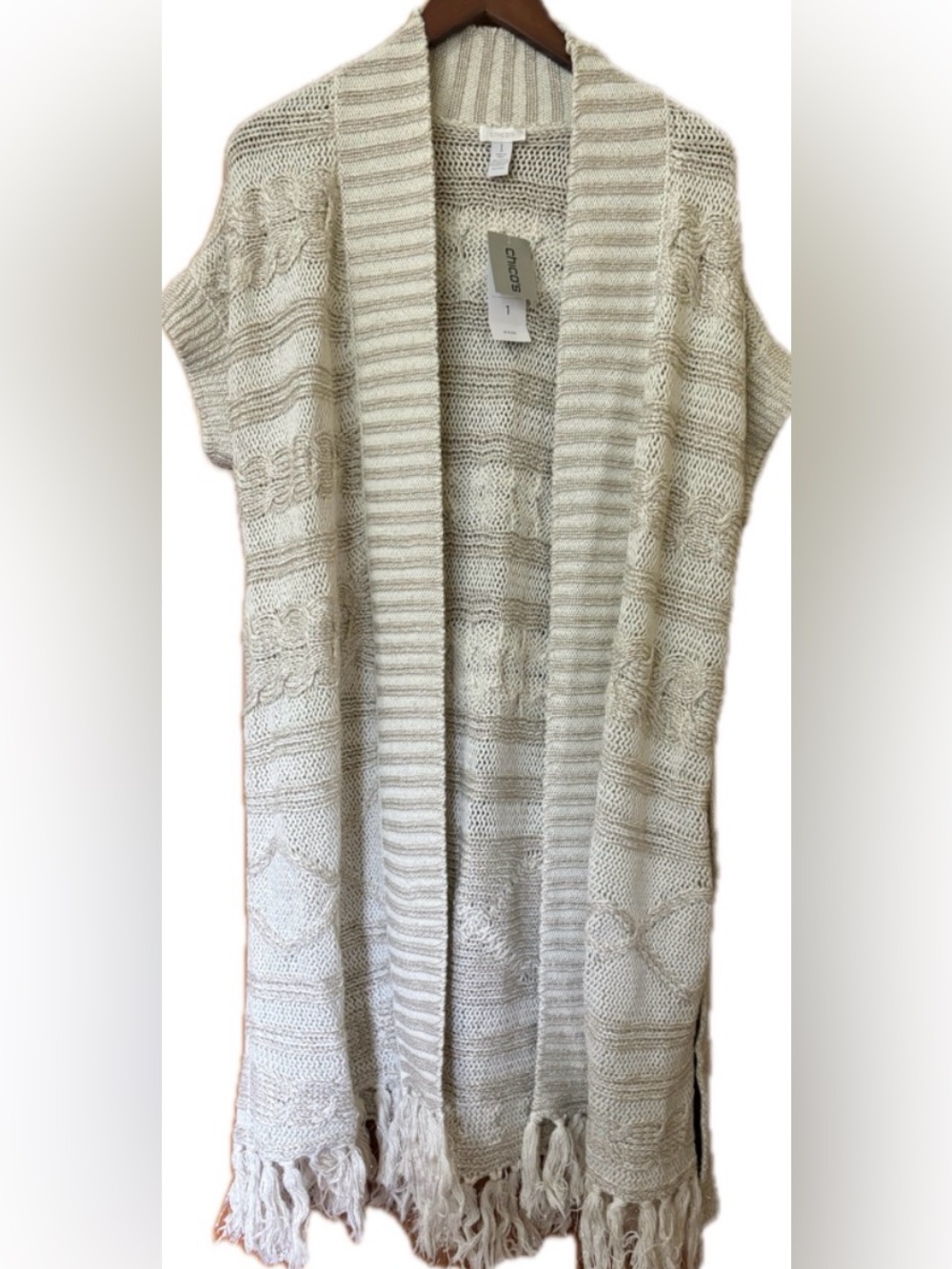 Chicoβs NWT 1 M Connie Cable Sweater Vest Ecru Belted Long Fringe Cardigan $119